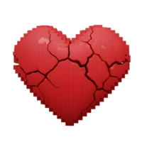 A pixelated red heart, fractured and broken, evokes feelings of heartbreak and loss. The digital aesthetic adds a modern, melancholic touch. png