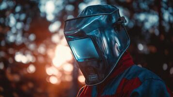 Labour Day. Protective helmet reflecting sunset light photo