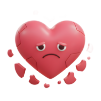A pink heart, rendered in 3D, crumbles into pieces, expressing profound sadness. Its downturned eyes and frown convey deep sorrow. A melancholic scene. png