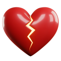 A vibrant red heart, glossy and smooth, dramatically splits with a glowing crack. Pain and heartbreak are palpable in this powerful image. png
