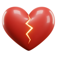 A vibrant red heart, rendered in 3D, dramatically splits apart, revealing a glowing crack. The glossy surface and inner light create a poignant, emotional image. png