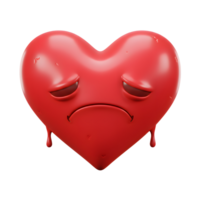 uma renderizado em 3D vermelho coração, gotejamento e triste, transmite uma pungente sentindo-me do desgosto. Está lustroso textura e simples Projeto crio uma melancólico humor. png