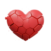 A vibrant red heart, fractured into geometric pieces, evokes a sense of heartbreak. Sharp edges contrast with the smooth, glossy surface, creating a dramatic visual. png