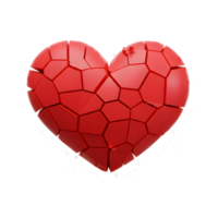 A vibrant red heart, fractured into numerous geometric pieces, scatters fragments around it. The image evokes feelings of heartbreak and loss, with a stark, dramatic mood. png