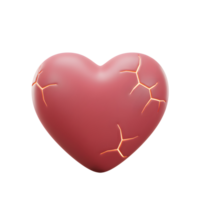 A 3D-rendered heart, softly glowing from within its cracks, evokes a poignant feeling of heartbreak. The minimal style emphasizes the fragility of love. png