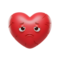 A cracked, red heart emoticon sadly gazes forward. Its melancholic expression and texture create a somber mood. png