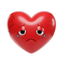 A 3D-rendered heart, cracked and sorrowful, weeps single tears. Its glossy red surface and melancholic expression evoke feelings of heartbreak and sadness. png