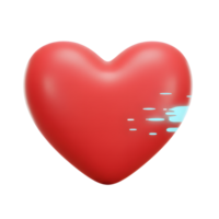 A vibrant red heart, rendered in 3D, seems to dissolve into light-blue pixels. The minimalist style evokes a poignant mood. png