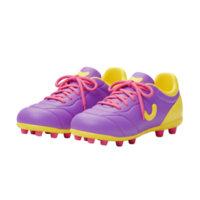 A pair of vibrant purple soccer cleats with yellow accents and pink laces sits playfully against a white background. Their cheerful design creates a fun, energetic mood. png
