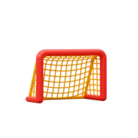 A cheerful mini hockey goal, vibrant red and sunny yellow, stands ready for action. Simple, bold colors create a playful mood. png