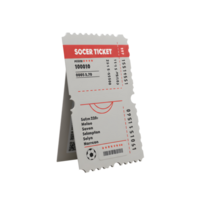 A realistic 3D rendering of a soccer ticket. The gray ticket features red details, showcasing game information, seat numbers, and a small soccer ball icon. Simple and clean design. png