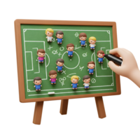 Adorable cartoon soccer players arranged on a chalkboard game plan. A hand adds final touches, creating a playful, strategic scene. png