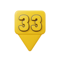 uma alegre, brilhante amarelo 3d marcador monitores a número 33. a audacioso, desenho animado numerais pop contra a ensolarado fundo, criando uma brincalhão e amigáveis vibe. png