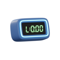 A stylish blue digital clock glows with neon light, displaying midnight. Simple, retro design with a calming, futuristic vibe. png
