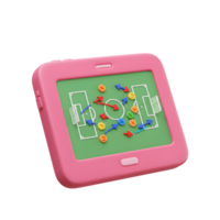 A vibrant pink tablet displays a playful 3D soccer strategy. Colorful arrows and markers illustrate a dynamic game plan on a miniature green field. Fun and engaging png