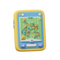 A cheerful 3D cartoon app displays a soccer strategy on a smartphone screen. Smiling player emojis mark positions on a vibrant green field. Fun and engaging png