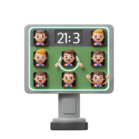 A fun cartoonish 3D scoreboard shows a soccer game score and lively player avatars. The playful design creates a lighthearted and engaging visual. png