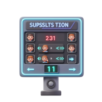 A vibrant, futuristic display showcases cartoon characters and numerical data. Neon lights illuminate the sleek, 3D design, creating a playful yet technologically advanced feel. png
