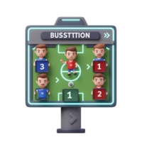A cheerful 3D rendering shows a soccer team lineup on a neon-lit board. Cartoon players hold numbers, adding a playful vibe to the digital formation. png