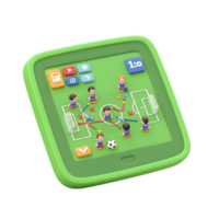 A playful 3D-rendered scene shows a tablet displaying a soccer game strategy. Miniature players and arrows illustrate a game plan on a vibrant green field. Fun and engaging png