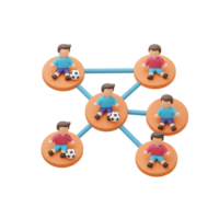 Cheerful 3D cartoon soccer players form a vibrant network, each with a ball, showcasing teamwork and connection in a playful style. png