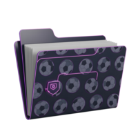 A dark file folder, adorned with a repeated pattern of soccer balls, stands out with a vibrant purple glow. Clean lines and digital aesthetic. png