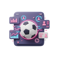 A vibrant 3D soccer ball centers a dark-purple app interface, encircled by neon-lit data graphs and user icons, creating a dynamic and futuristic feel. png