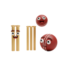Cheerful cartoon cricket balls approach wickets with expressive faces. A fun, lighthearted 3D animation style creates a charming mood. png