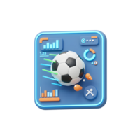 A lively 3D soccer ball bursts onto a blue app screen, surrounded by colorful data graphics, creating an energetic and modern feel. png