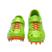 A pair of bright lime green soccer cleats, adorned with tiny insects, sits against a stark white background. The whimsical design creates a playful and slightly quirky mood. png