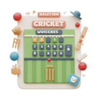 A charming 3D rendering showcases a cricket scoreboard, surrounded by playful cricket equipment. The vibrant colors and playful style create a fun, energetic mood. png