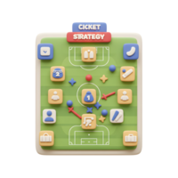 A cheerful 3D render shows a cricket strategy app interface. Game plan icons playfully dot a virtual field, creating a fun and engaging visual. png