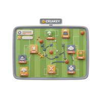 A vibrant 3D rendering of a football game plan. Icons and arrows illustrate player positions and strategic moves on a miniature field. Playful and engaging png
