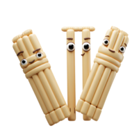 Three cheerful cricket wickets, styled as cute cartoon characters, stand together in a playful scene. Their bubbly design and happy expressions create a lighthearted and fun mood. png