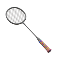 un elegante bádminton raqueta con un oscuro gris marco y un vistoso, arremolinándose agarre. Listo para un juego png