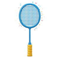 A cheerful blue badminton racket takes center stage, surrounded by a playful burst of colorful confetti. The scene is lighthearted and fun, perfect for active kids png