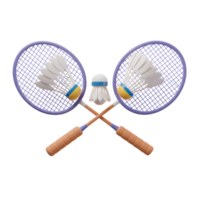 Two purple badminton racquets, crossed and adorned with fluffy shuttlecocks, create a lively and playful 3D image. The scene evokes a sense of friendly competition and sporty fun. png