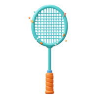 A cheerful teal badminton racket pops against a white background, adorned with playful confetti. Its orange grip adds a vibrant touch, evoking a fun, energetic mood. png