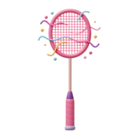 A cheerful pink badminton racket pops against a white background, adorned with playful pastel confetti, creating a fun and vibrant mood. png