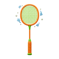 A cheerful orange badminton racket, playfully depicted in 3D, floats against a white backdrop with light blue and white accents suggesting movement. It's a vibrant and fun image png