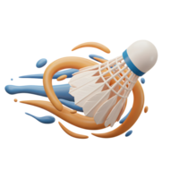 A badminton shuttlecock bursts through vibrant orange and blue paint splashes, creating a dynamic and energetic visual. The scene is lively and full of motion. png