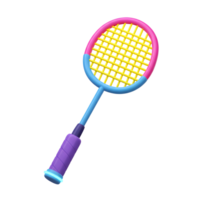 A vibrant badminton racket, rendered in 3D, boasts a playful design with pink, blue, and yellow accents. Its cheerful colors and smooth curves create a fun, energetic vibe. png