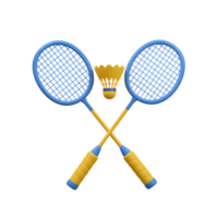 Two vibrant blue and yellow badminton racquets, crossed playfully with a shuttlecock in between, create a cheerful and dynamic image. Perfect for sports themes png