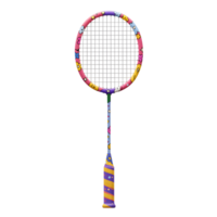 A cheerful badminton racket boasts a vibrant, hand-drawn design. Its pink frame is adorned with playful doodles, creating a fun and energetic vibe. png
