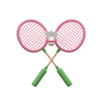A pair of charming pink badminton rackets playfully cross, a shuttlecock nestled between them. Lighthearted and cheerful, this 3D image evokes a sense of fun and activity. png