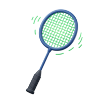 A vibrant blue badminton racket, playfully rendered in 3D, seems to be in motion, ready for a thrilling match. The green netting adds a pop of color. png
