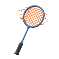 A vibrant blue badminton racket, with orange netting, is captured mid-swing, motion lines suggesting swift movement. The scene is dynamic and energetic. png