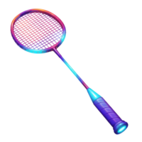 un elegante bádminton raqueta brilla con vibrante púrpura y azul matices, sus neón resplandor agregando un futurista tocar. el detallado diseño es llamativo y dinámica. png