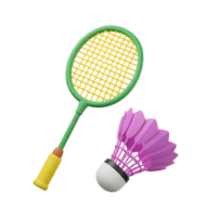 A cheerful cartoon badminton racket and shuttlecock float against a white background. The vibrant colors and playful style create a fun and energetic mood. png