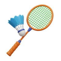 A cheerful 3D rendering showcases a vibrant orange badminton racket and a bright blue shuttlecock, ready for a fun game. The playful design is perfect for active lifestyles. png